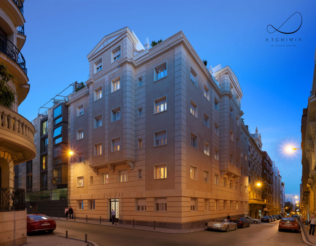 fachada nocturna de Debod Homes